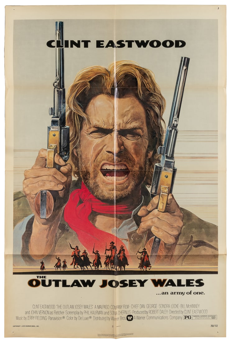 The Outlaw Josey Wales. Warner Bros., 1976. One sheet (41 x...: The Outlaw Josey Wales. Warner Bros., 1976. One sheet (41 x 27”). Color image of Clint Eastwood holding a gun in each hand, with a group of armed cowboys at the bottom. Unbacked. Folded, some to