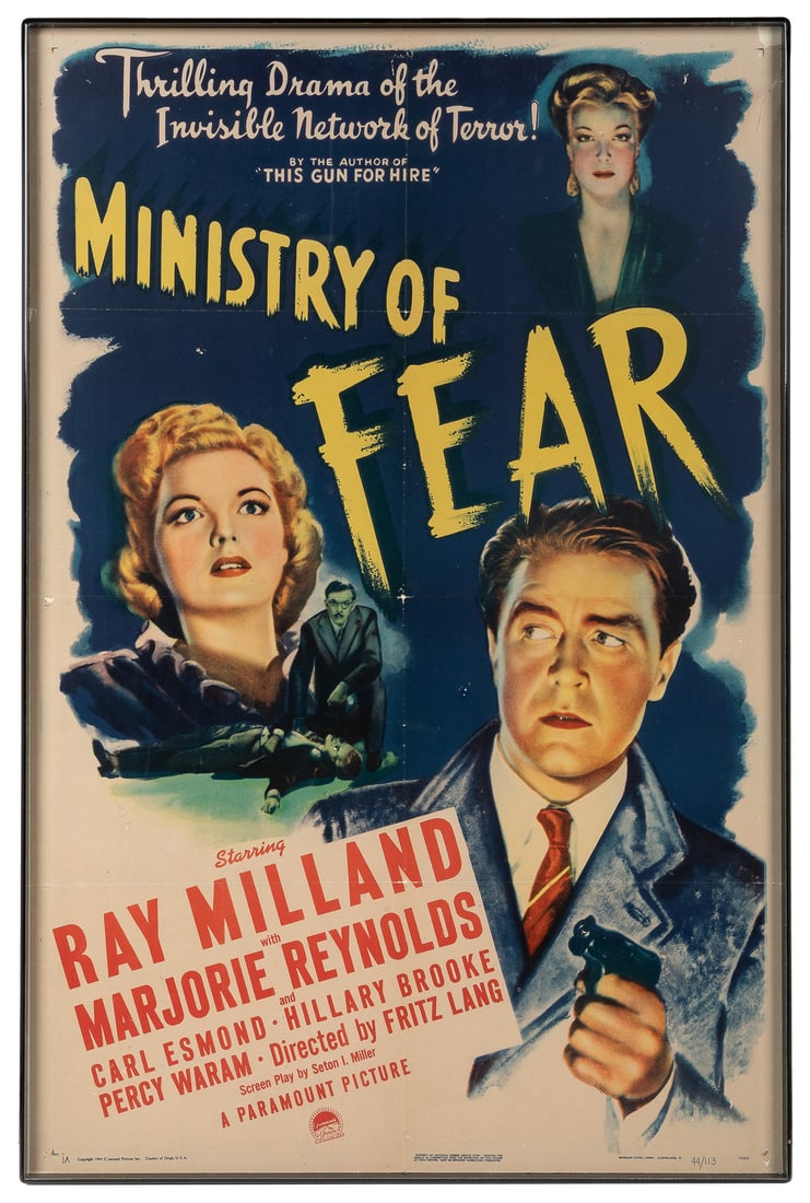 Ministry of Fear. Paramount, 1944. One sheet (41 x 27”) pos...: Ministry of Fear. Paramount, 1944. One sheet (41 x 27”) poster for the film noir starring Ray Milland and Marjorie Reynolds, directed by Fritz Lang. Framed.