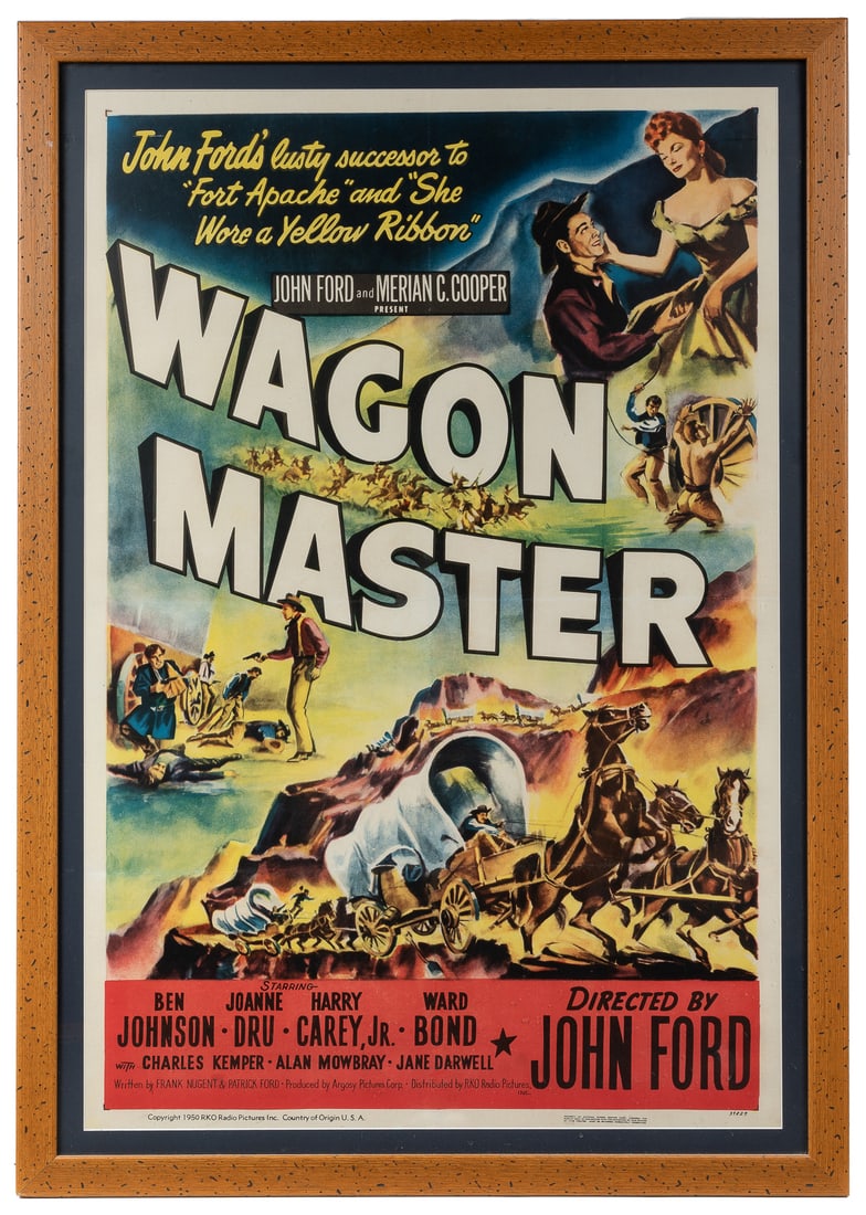 Wagon Master. RKO, 1950. One sheet (41 x 27”). Poster for t...: Wagon Master. RKO, 1950. One sheet (41 x 27”). Poster for the Western directed by John Ford, starring Ben Johnson, Joanne Dru, Harry Carey Jr., Ward Bond, Charles Kemper, Alan Mowbray, and Jane