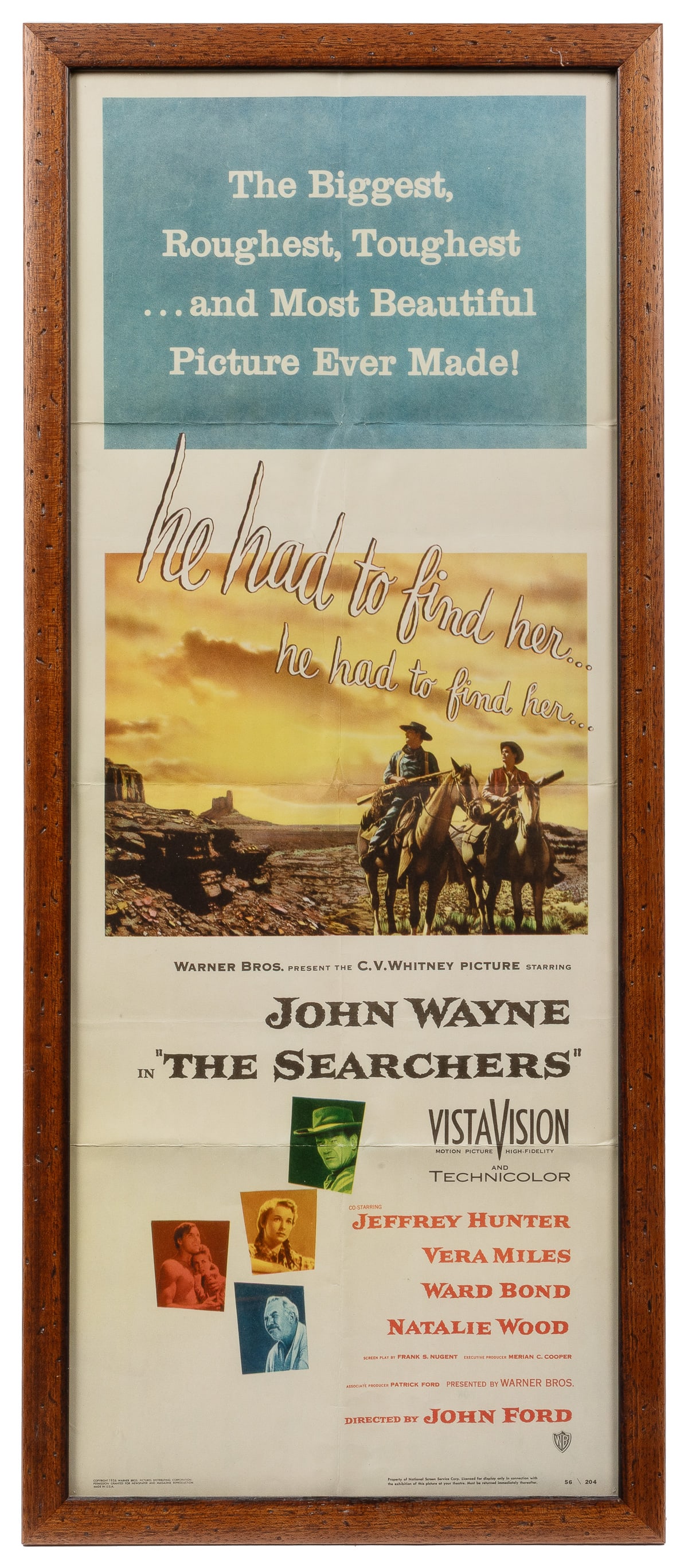 The Searchers. Warner Bros., 1956. Insert (36 x 14”) for th...: The Searchers. Warner Bros., 1956. Insert (36 x 14”) for the classic Western epic starring John Wayne alongside Jeffrey Hunter, Vera Miles, Ward Bond, and Natalie Wood, directed by John Ford. Fr