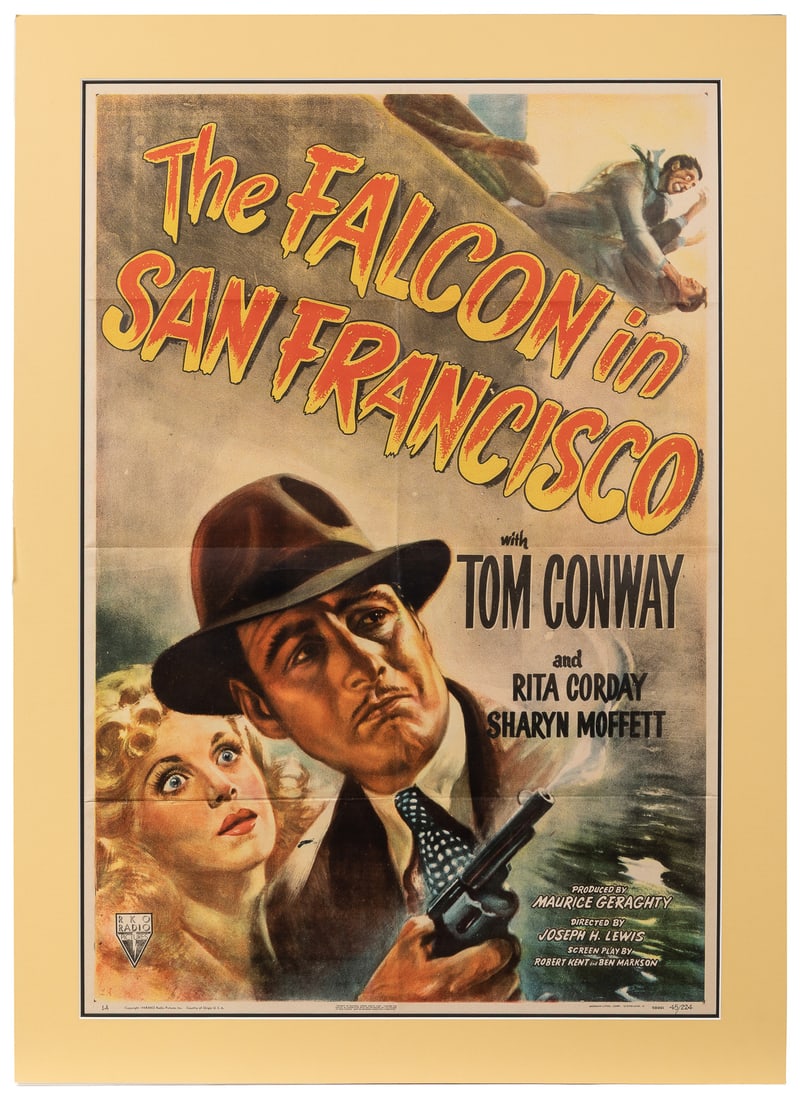 The Falcon in San Francisco. RKO, 1945. One sheet (41 x 27”...: The Falcon in San Francisco. RKO, 1945. One sheet (41 x 27”). Poster for the crime mystery starring Tom Conway, Rita Corday, and Sharyn Moffett. The eleventh film in the Falcon detective series.
