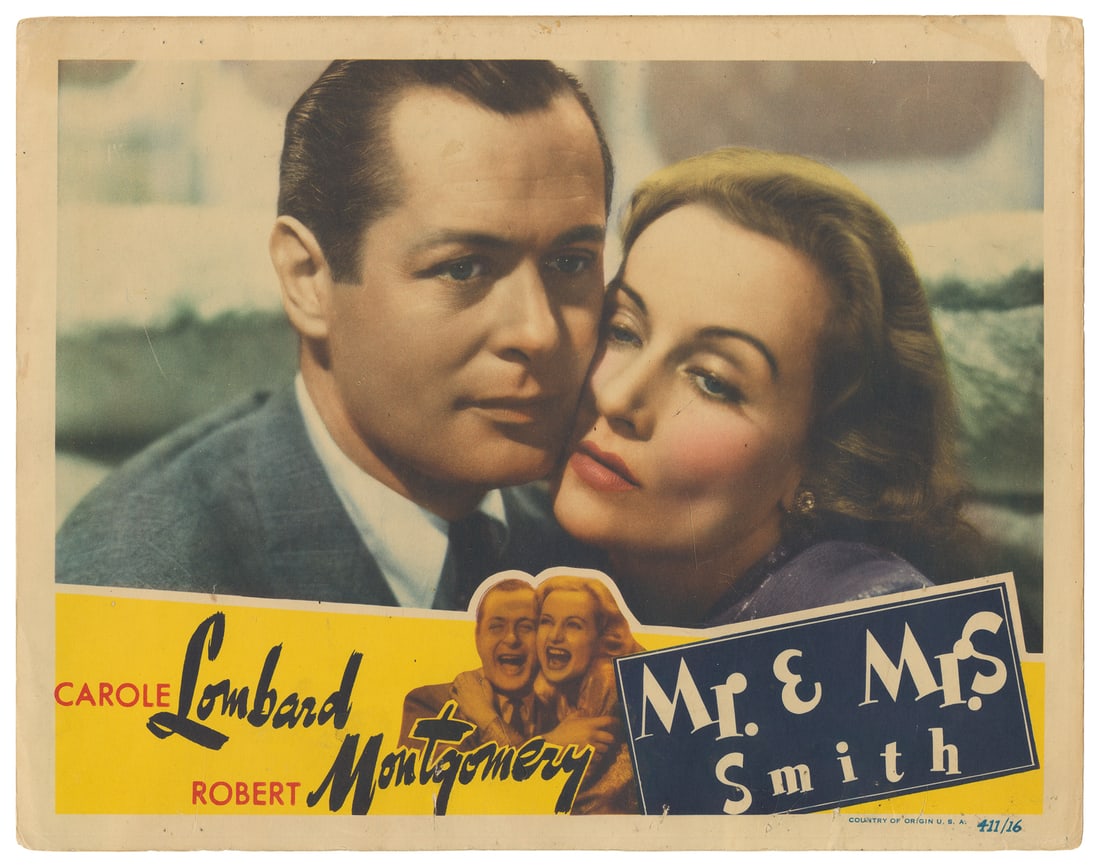 Mr. & Mrs. Smith. RKO, 1941. Lobby card (11 x 14”). Depicti...: Mr. & Mrs. Smith. RKO, 1941. Lobby card (11 x 14”). Depicting stars Carole Lombard and Robert Montgomery in the Alfred Hitchcock comedy. Small area skinned upper right just touching image; minor