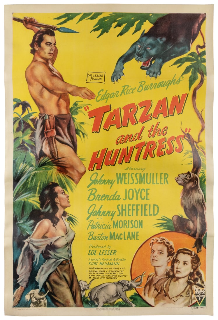 Tarzan and the Huntress. RKO, 1947. One-sheet (41 x 27”) li...: Tarzan and the Huntress. RKO, 1947. One-sheet (41 x 27”) lithograph movie poster, printed by Morgan Litho., Cleveland, advertising the Tarzan film starring Johnny Weissmuller and Brenda Joyce. L