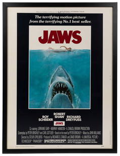 Jaws. Universal Pictures, 1975. First theatrical run one-sh...: Jaws. Universal Pictures, 1975. First theatrical run one-sheet (41 x 27&#8221;) movie poster featuring the iconic Roger Kastel artwork. The thriller, directed by Steven Spielberg, starred Richard Drey