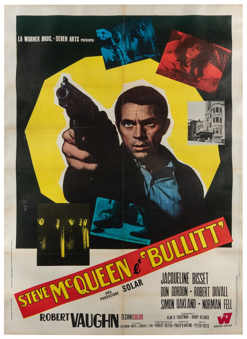 Bullitt. Warner Bros., 1968. Italian 2-Fogli (55 x 39”) mov...: Bullitt. Warner Bros., 1968. Italian 2-Fogli (55 x 39”) movie poster with a large central image of Steve McQueen pointing a gun. Linen backed. Minor wear along folds.