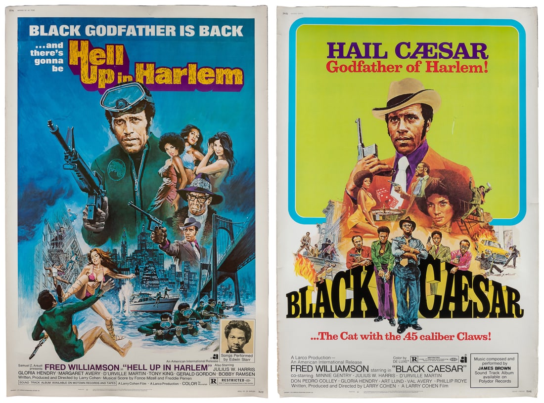 Black Caesar and Hell Up in Harlem. American International,...: Black Caesar and Hell Up in Harlem. American International, 1973. Two 60 x 40” posters advertising the Blaxploitation films starring Fred Williamson and directed by Larry Cohen. Art by George Ak
