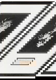 Bela Lugosi Autograph Display. Inked signature “Bela Lugosi...: Bela Lugosi Autograph Display. Inked signature “Bela Lugosi” on paper, matted and framed with a later print of Lugosi in his famous role as Dracula. Overall, 19 x 13”.