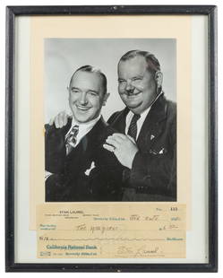 Stan Laurel Signed Check. A Stan Laurel personal check issu...: Stan Laurel Signed Check. A Stan Laurel personal check issued by the California National Bank, Beverly Hills, payable to The Masquers, 20 January 1930 for $6.00. SIGNED &#8220;Stan Laurel.&#8221; In a