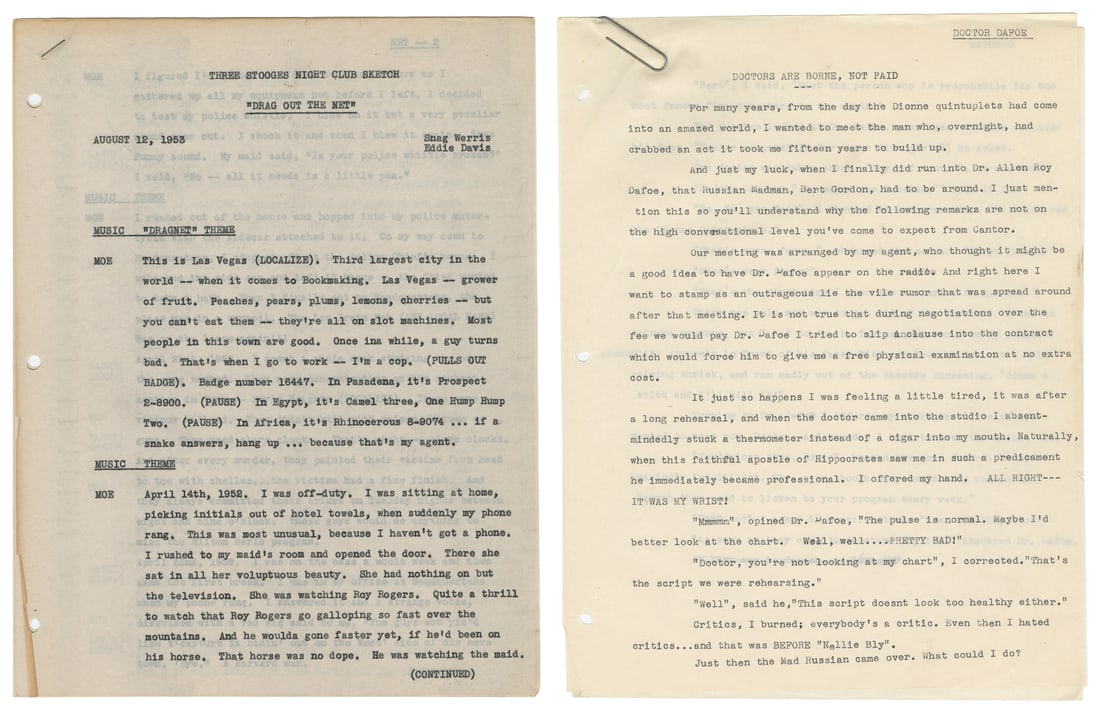 Three Stooges Night Club Sketch Script: “Drag Out the Net.”... (1 of 3)