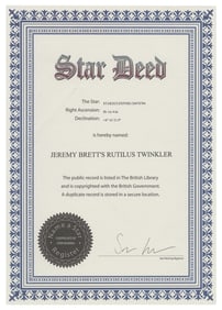 BRETT, Jeremy (1933-1995). “Star Deed” for a Star Named for...