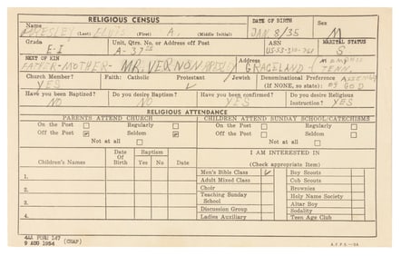 Elvis Presley Religious Census Card and Memorabilia Collect...