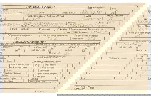 Elvis Presley Religious Census Card and Memorabilia Collect...: Elvis Presley Religious Census Card and Memorabilia Collection. An Army Religious Census card, yellow thin cardstock, with hand-written answers including name, military unit and grade, Army Service Nu