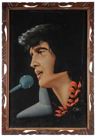A Midcentury Velvet Elvis Painting. Circa 1960s-70s. Signed...