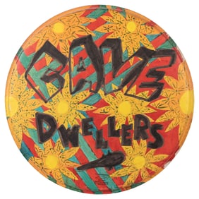 [GARAGE BAND]. The Cave Dwellers painted drumhead. A 21” Re...