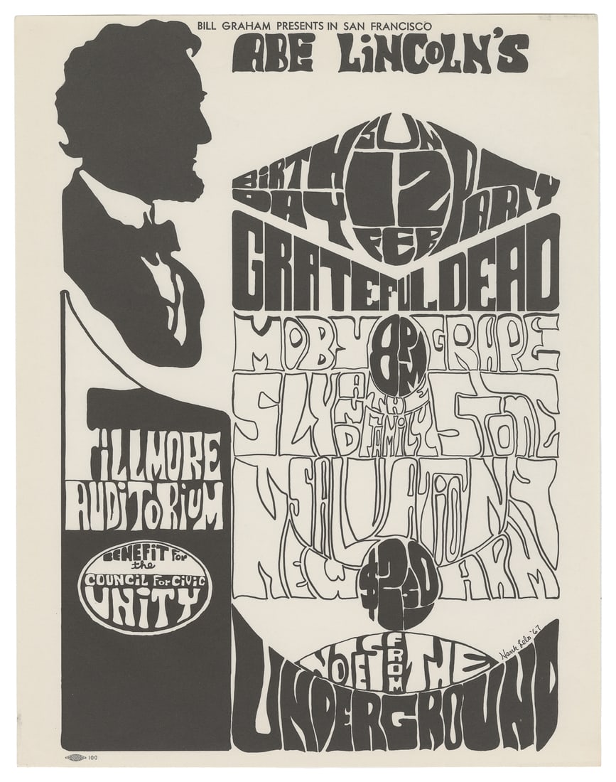 [LELO, Hank, illustrator]. Abe Lincoln’s Birthday Party Sun...: [LELO, Hank, illustrator]. Abe Lincoln’s Birthday Party Sun 12 Feb 8PM / Grateful Dead / Moby Grape / Sly and the Family Stone. Bill Graham: San Francisco, 1967. Black and white handbill on whit