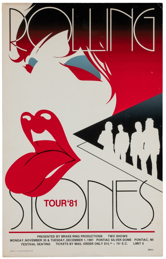 Rolling Stones Tour ’81. First printing concert poster prom...: Rolling Stones Tour ’81. First printing concert poster promoting The Rolling Stones at the Pontiac Silver Dome (Pontiac, MI). 19 7/8 x 12 ½”. Unbacked. Surface scratches; upper right