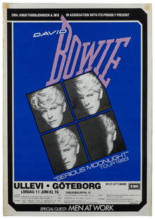 David Bowie 1983 Serious Moonlight Swedish Tour Poster. Col...: David Bowie 1983 Serious Moonlight Swedish Tour Poster. Color poster promoting Bowie&#8217;s concert at Ullevi in Goteborg, Sweden. 36 x 25 &#188;&#8221;. Unbacked. Tape discoloration in corners. B+.