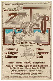 SNYDER, Vic. ZZ Top / Johnny & Edgar Winter / Blue Oyster C...: SNYDER, Vic. ZZ Top / Johnny & Edgar Winter / Blue Oyster Cult. San Diego Stadium. 1976. Concert poster in shades of brown and blue featuring &#8220;that little ol&#8217; band from Texas&#8221; on the