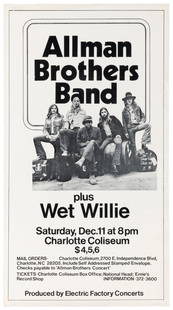 Allman Brothers Band plus Wet Willie / Charlotte Coliseum. ...: Allman Brothers Band plus Wet Willie / Charlotte Coliseum. 1971. Black and white concert poster, on cardstock, illustrated with a photo of the band, advertising an evening show. This concert took plac