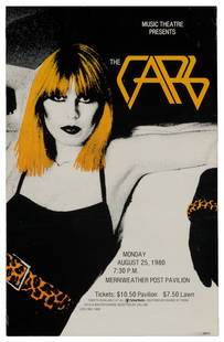 The Cars 1980 Concert Poster. Window card (19 3/8 x 12 ½”) ...: The Cars 1980 Concert Poster. Window card (19 3/8 x 12 &#189;&#8221;) promoting The Cars at Merriweather Post Pavilion (Columbia, MD) on Aug. 25, 1980, ten days after the release of their third studio