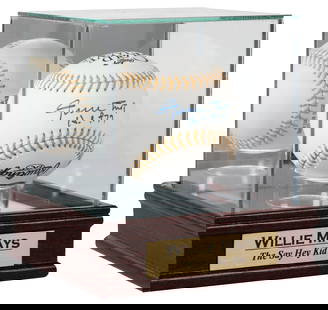 Willie Mays Signed Baseball. Rawlings Gold Glove Award ball...: Willie Mays Signed Baseball. Rawlings Gold Glove Award ball (“Say Hey&rdquo; Authenticated hologram). In a mirrored display case.