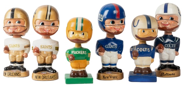 Group of 6 NFL Bobbleheads. Circa 1960s. Painted ceramic/co...