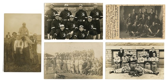 [BASEBALL]. Four RPPCs and One Postcard from the American M...