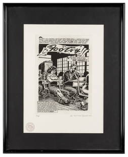 R. Crumb Footsy Limited Edition Signed Etching. 2013. Limit...: R. Crumb Footsy Limited Edition Signed Etching. 2013. Limited edition etching, signed lower right, number 21/50 with R. Crumb Etchings seal in corner. Sight 16 x 11 ½”; framed and matted, o
