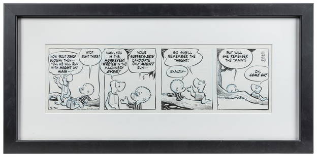 KELLY, Walt. Pogo Daily Comic Strip Original Art. Hall Synd...: KELLY, Walt. Pogo Daily Comic Strip Original Art. Hall Syndicate, 1963. Ink over graphite on paper, dated 5-30, 1964. Daily comic strip art with Pogo and Churchy finessing a slogan while resting on a