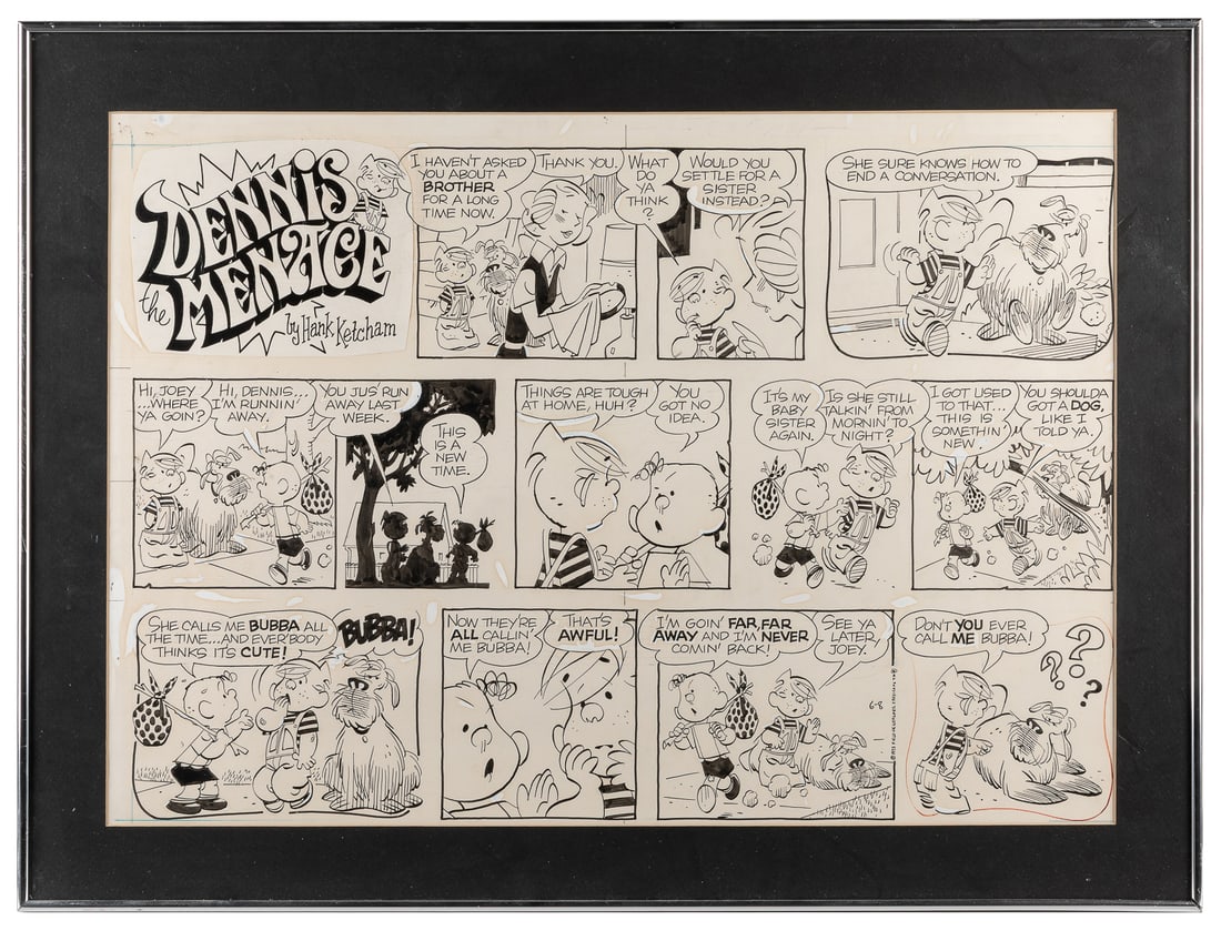 KETCHAM, Hank. Dennis the Menace Sunday Comic Strip Origina...: KETCHAM, Hank. Dennis the Menace Sunday Comic Strip Original Art. Field Newspaper Syndicate, 1975. Dated 6-8, (1975). Ink and graphite, with spots of white-out, on board. Dennis broaches the idea of a
