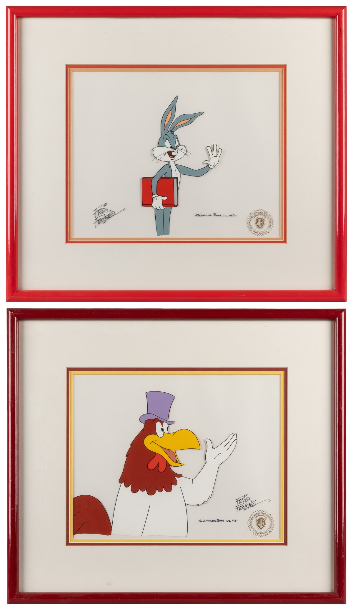 [ANIMATION ART]. [WARNER BROS. PRODUCTIONS]. Pair of Origin...: [ANIMATION ART]. [WARNER BROS. PRODUCTIONS]. Pair of Original Production Cels, Both Signed by Friz Freleng. [Warner Bros. Productions, 1981-82]. Cel Featuring Foghorn Leghorn wearing a top hat, and th