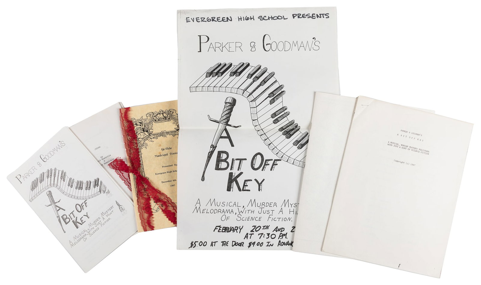 [PARKER, Trey (b. 1969)]. Group of 6 high school booklets a...: SOUTH PARK CREATOR'S HIGH SCHOOL MUSICAL -- AND BOOK ON FARTS [PARKER, Trey (b. 1969)]. Group of 6 high school booklets and a poster. [Evergreen High School], 1987. Six pieces, including: a flyer, pos