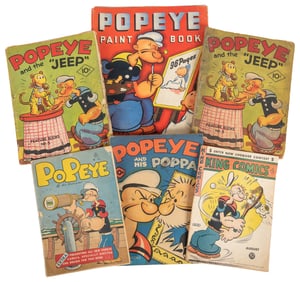 Popeye. Group of 6 comics and a card game. Including: King ...