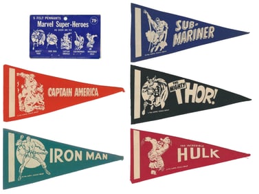 [MARVEL COMICS]. Five Vintage Felt Superhero Pennants. Livi...
