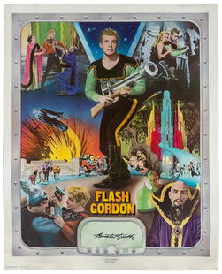 Buster Crabbe Signed Flash Gordon Poster. King Features Syn...: Buster Crabbe Signed Flash Gordon Poster. King Features Syndicate, 1977. Poster with a collage of images from Flash Gordon, SIGNED in ink by Crabbe at the lower center, from the limited edition (unsta