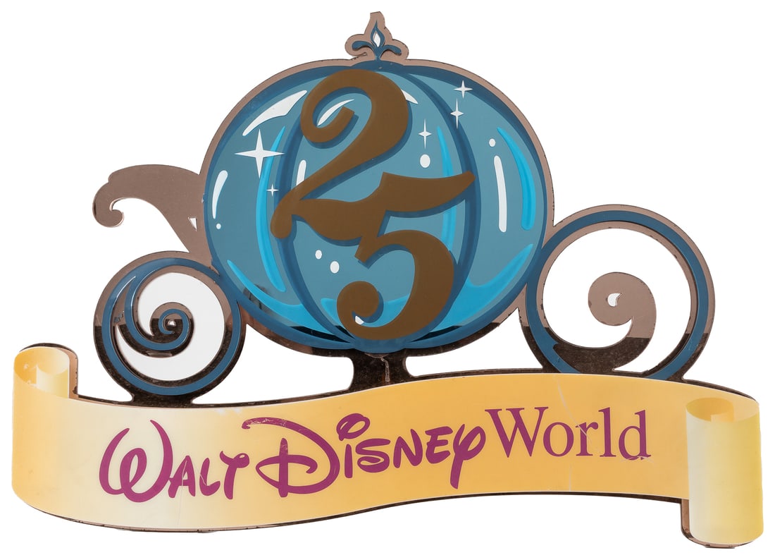Walt Disney World 25th Anniversary Sign. Acrylic, with scro...: Walt Disney World 25th Anniversary Sign. Acrylic, with scroll and Cinderella’s carriage design. 18 x 25”. Surface scratches.