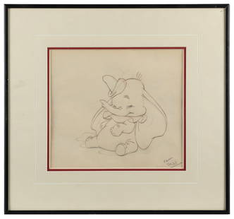 [ANIMATION ART]. [WALT DISNEY PRODUCTIONS]. Original Produc...: [ANIMATION ART]. [WALT DISNEY PRODUCTIONS]. Original Production Pencil Sketch from “Dumbo.” [Walt Disney Productions, ca. 1940-41]. Unsigned pencil sketch in black and red pencil of Dumbo