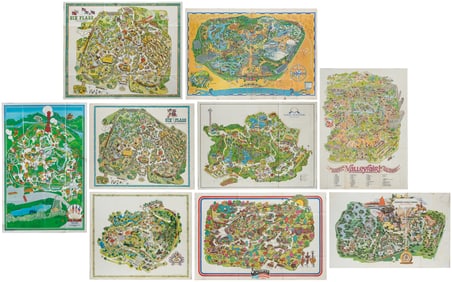 [AMUSEMENT PARKS – MAPS]. Nine pictorial maps of American t...