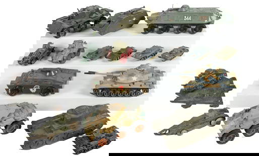 Group of 21 Toy Tanks. Including metal and plastic tanks, b...: Group of 21 Toy Tanks. Including metal and plastic tanks, by Tootsietoy, Corgi, and others or unmarked, one a tank ashtray. 6 ¼” and smaller.