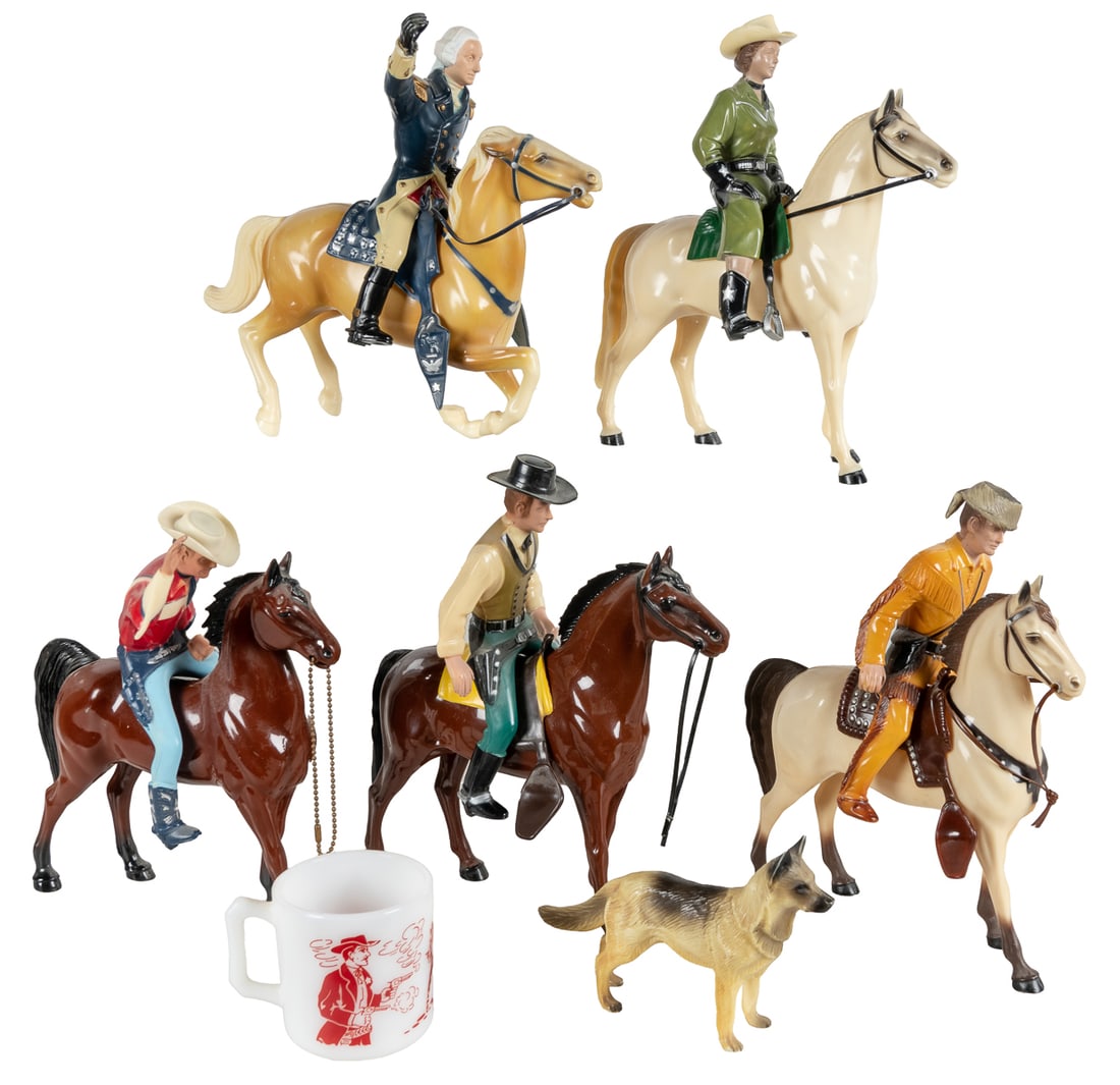Collection of Hartland Horses, Figures, and Accessories. Ha...: Collection of Hartland Horses, Figures, and Accessories. Hartland Plastics, ca. 1950s. Includes: George Washington with horse, flag, hat, saddle, and sword; Roy Rogers and Dale Evans with Bullet and h