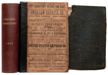 [CHICAGO]. Trio of Chicago City Directories for 1856-57, 18...: [CHICAGO]. Trio of Chicago City Directories for 1856-57, 1859-60, 1864-65. [Chicago: various publishers, 1856-65]. 8vos. Illustrated. 1856-57 and 1864-65 volumes in original bindings (1856-57 rebacked