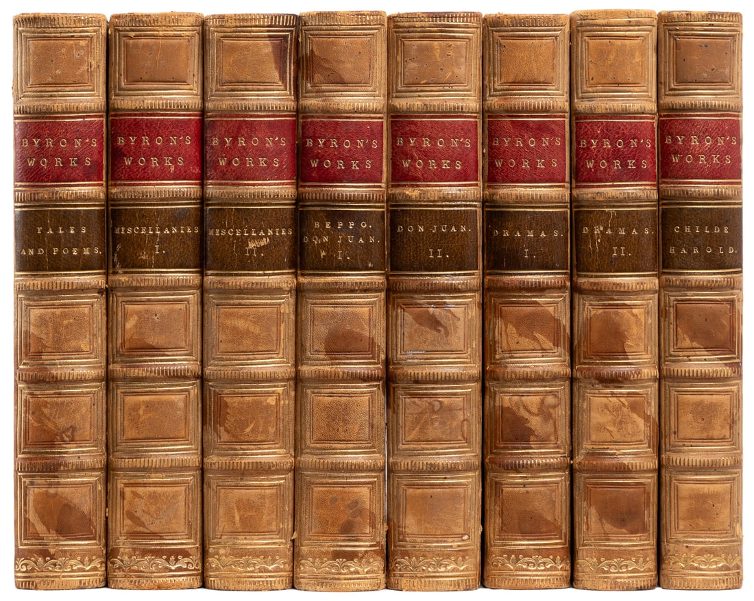 [FINE BINDINGS]. BYRON, George Gordon, Lord (1788-1824). Wo...: [FINE BINDINGS]. BYRON, George Gordon, Lord (1788-1824). Works… London: John Murray, 1853. 12mos. 8 volumes. Contemporary full tan calf, boards ruled in gilt, spines ruled in gilt in compartment