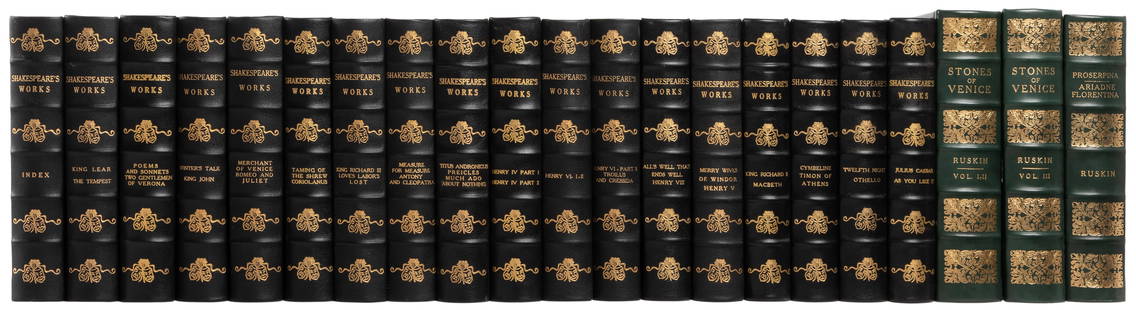 [FINE BINDINGS]. SHAKESPEARE, William (1564-1616) and RUSKI...: [FINE BINDINGS]. SHAKESPEARE, William (1564-1616) and RUSKIN, John (1819-1900). Group of 21 Bindings, including: Works of Shakespeare. Philadelphia: John D. Morris and Company, [1901]. 8vos. 18 (of 20