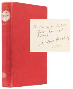 HUXLEY, Aldous (1894-1963). Island. London: Chatto & Windus...: HUXLEY, Aldous (1894-1963). Island. London: Chatto & Windus, 1962. 8vo. 286, [2, blank] pp. Publisher&#8217;s full red cloth, spine stamped in gilt and white (binding worn, soiled, ink mark on front b