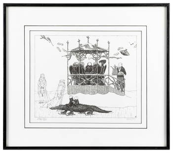 GOREY, Edward (1925-2000). “Skating Alligator” Signed Print...: GOREY, Edward (1925-2000). &#8220;Skating Alligator&#8221; Signed Print. [Signals Limited, ca. 1990s]. Lithograph print of a winter scene of people in a gazebo, and two children riding an alligator we