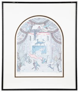 GOREY, Edward (1925-2000). “Gorey Theatre Dance” Signed Pri...: GOREY, Edward (1925-2000). &#8220;Gorey Theatre Dance&#8221; Signed Print. [Signals Limited, ca. 1990s]. Color lithograph print of a frenetic scene backstage of a theatre, with Death, the Devil, Angel