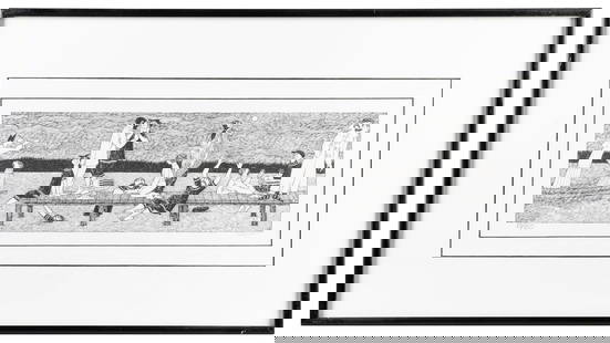 GOREY, Edward (1925-2000). “Summer Joy” Signed Print. [Sign...: GOREY, Edward (1925-2000). &#8220;Summer Joy&#8221; Signed Print. [Signals Limited, ca. 1990s]. Lithograph print in of people in swimming costumes frolicking on a pier. Sight 5 &#189; x 15 &#189;&#822