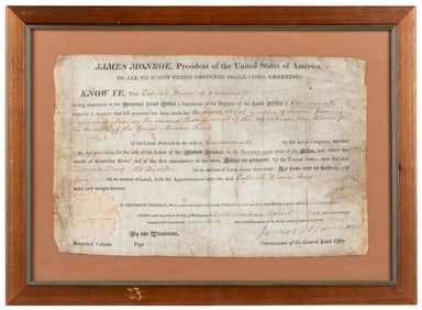 MONROE, James (1758-1831). Land Grant Document Signed as Pr...