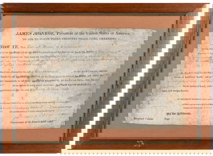 MONROE, James (1758-1831). Land Grant Document Signed as Pr...: MONROE, James (1758-1831). Land Grant Document Signed as President. Washington, D. C.: General Land Office, April 27, 1819. Land grant for Patrick Diver of Cincinnati for the &#8220;North West quarter