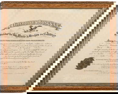 ROOSEVELT, Theodore (1858-1919). Document Signed at Preside...: ROOSEVELT, Theodore (1858-1919). Document Signed at President, Appointing Edward C. Watson as Postmaster at Assumption, IL. Washington, D. C., March 28, 1906. Partially printed document with engraved